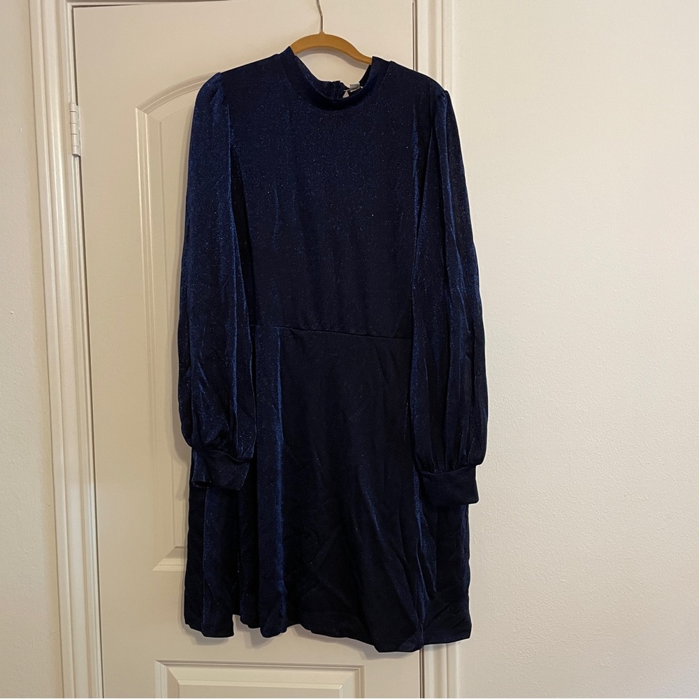 Black and blue sparkly long-sleeve dress with mock neck